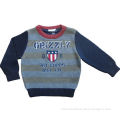 Boy's pullover sweater, 100% wool, striped body with patch/embroidery/solid color leaves/BTM/neck